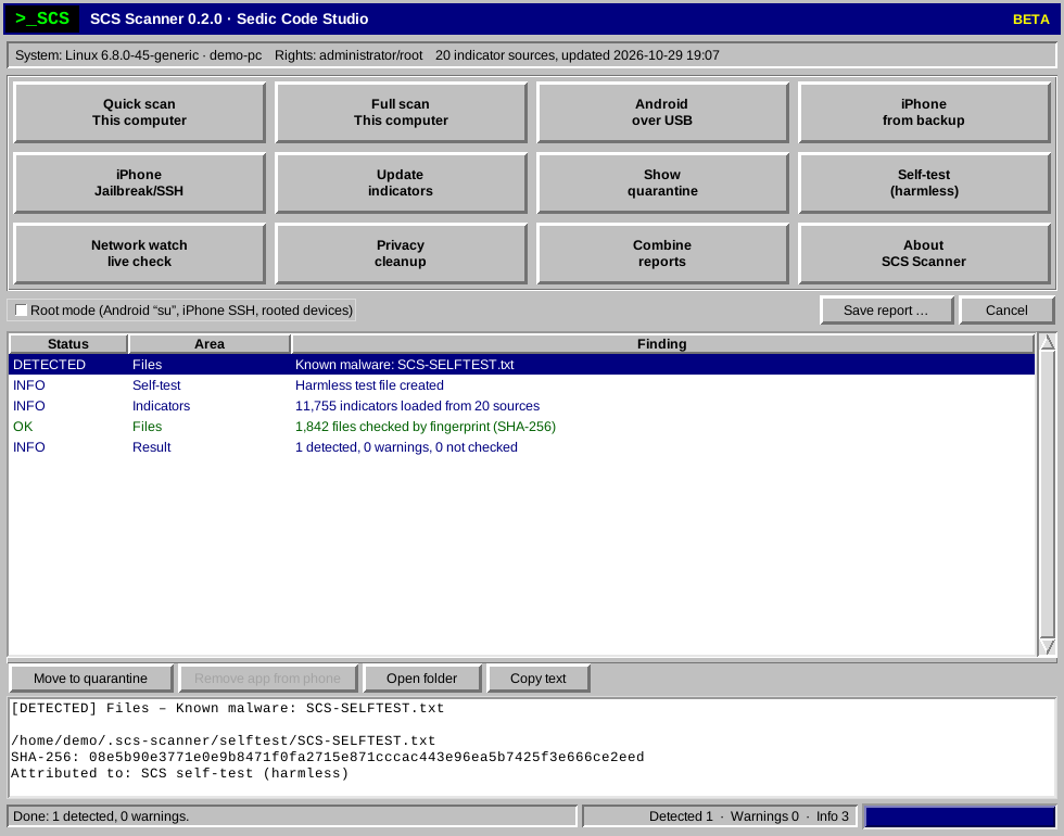 Programmfenster des SCS Scanners mit zwölf Kacheln, darunter Quick scan, Full scan, Android over USB und iPhone from backup